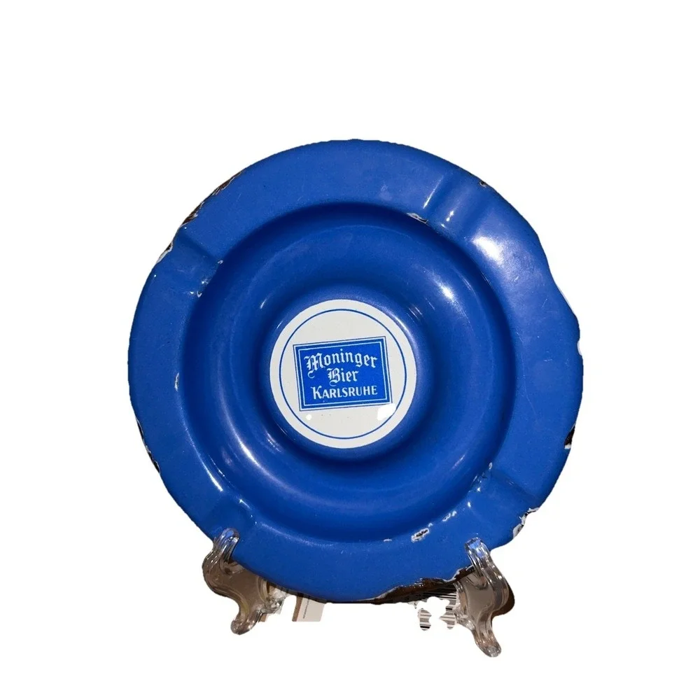 Vintage Moninger Bier Karlsruhe Blue Enamel Advertising Ashtray German Brewery
